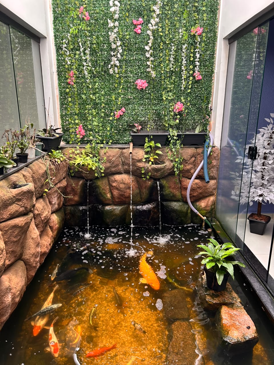 Lago ornamental interno com carpas vivas, cascata, pedras naturais e parede verde viva